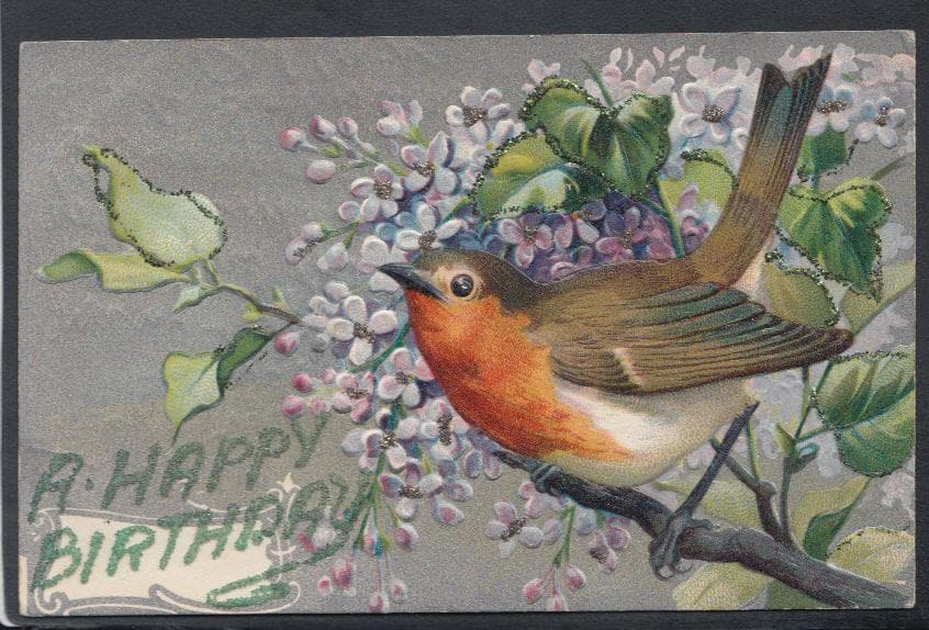 Embossed Greetings Postcard - A Happy Birthday - Birds - Robin, 1907 - Mo’s Postcards 