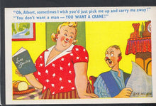 Load image into Gallery viewer, Comic Postcard - Married Couple / Large Lady / Rude / Crane / Romance - Artist Bob Wilkin - Mo’s Postcards 
