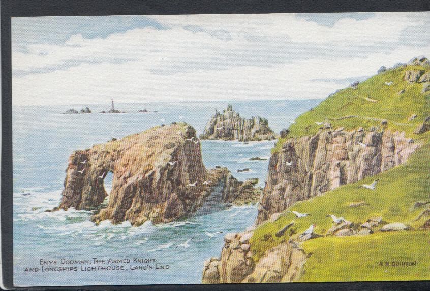 Cornwall Postcard - Enys Dodman, The Armed Knight & Longships Lighthouse, Land's End - Artist A.R.Quinton - Mo’s Postcards 