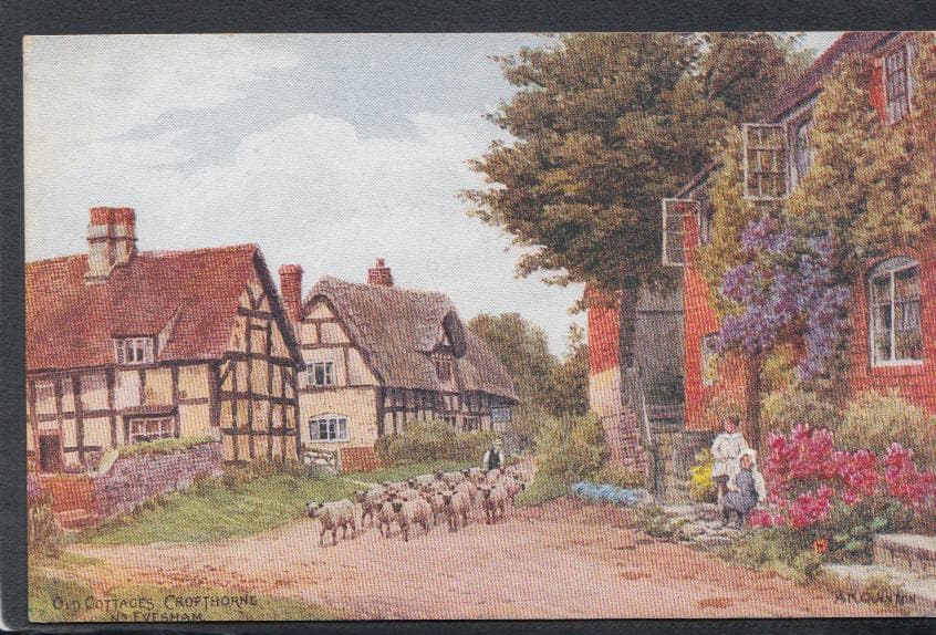Worcestershire Postcard - Old Cottages, Cropthorne, Nr Evesham - Artist A.R.Quinton - Mo’s Postcards 