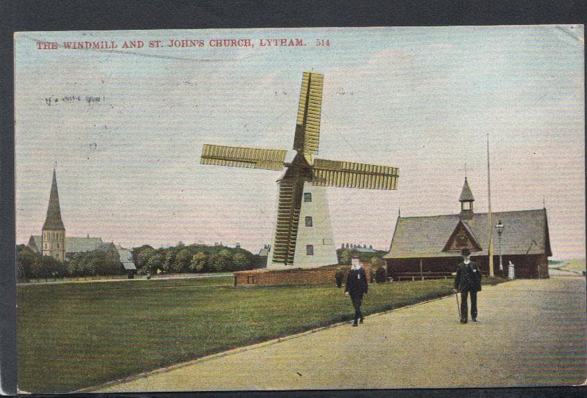 Lancashire Postcard - The Windmill and St John's Church, Lytham, 1906 - Mo’s Postcards 