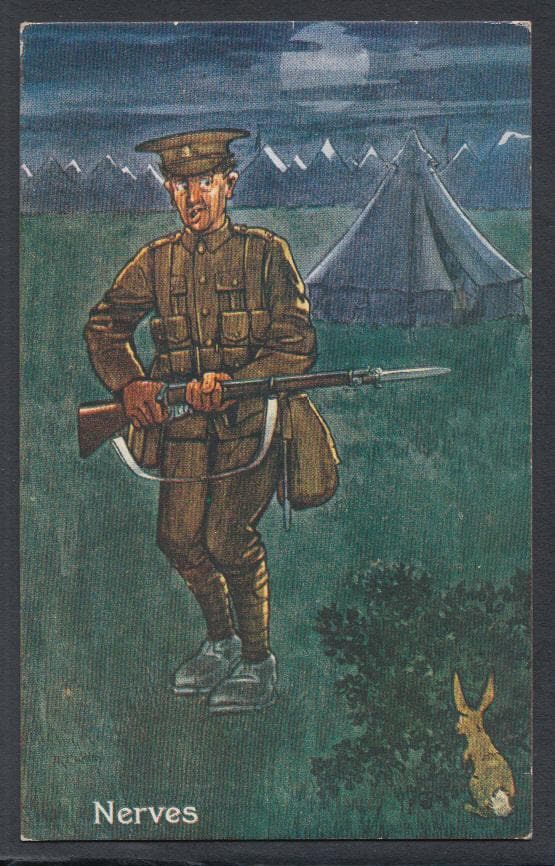 Military Comic Postcard - Nerves - Sacred Soldier at Night, 1914 - Mo’s Postcards 