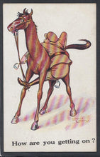 Load image into Gallery viewer, Military Comic Postcard - How Are You Getting On? - Soldier &amp; Horse - Lawrence Colhorne, 1916 - Mo’s Postcards 
