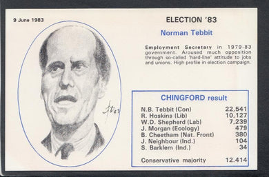 Politics Postcard - Election '83 - Norman Tebbit, Conservative Party - Chingford Result - Mo’s Postcards 