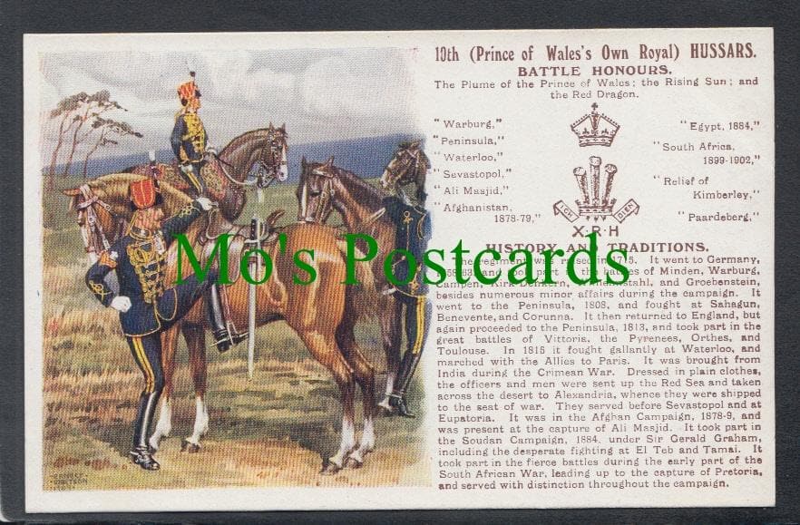 Military Postcard - 10th Prince of Wales's Own Royal Hussars