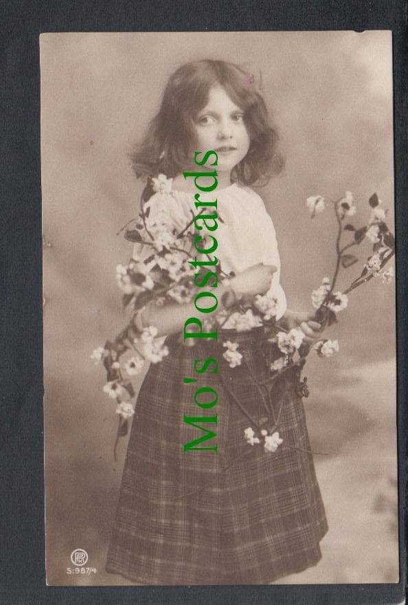 Children Postcard - Young Girl Holding Flowers