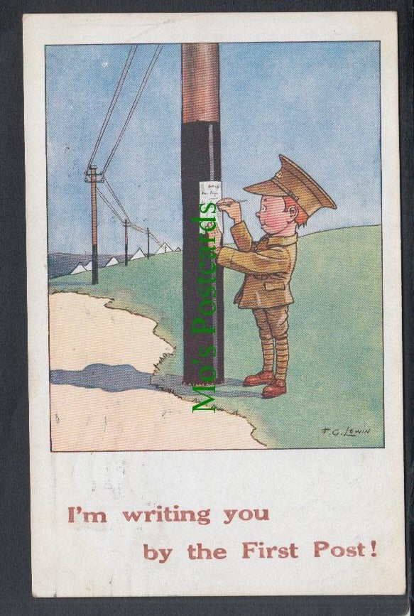 Military Comic Postcard, Boy Soldier Writing