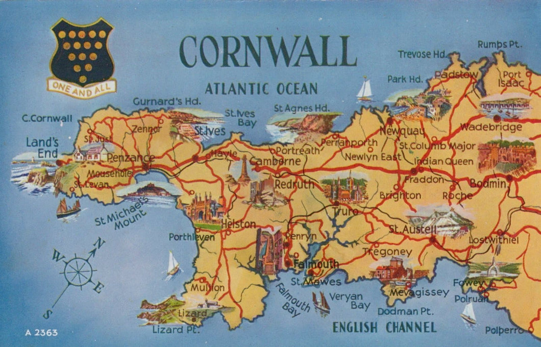 Map Postcard - Map Showing Cornwall - Mo’s Postcards 