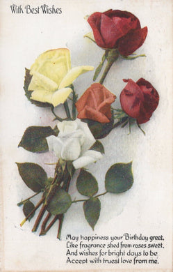 Greetings Postcard - Birthday - With Best Wishes - Flowers - Roses, 1918 - Mo’s Postcards 