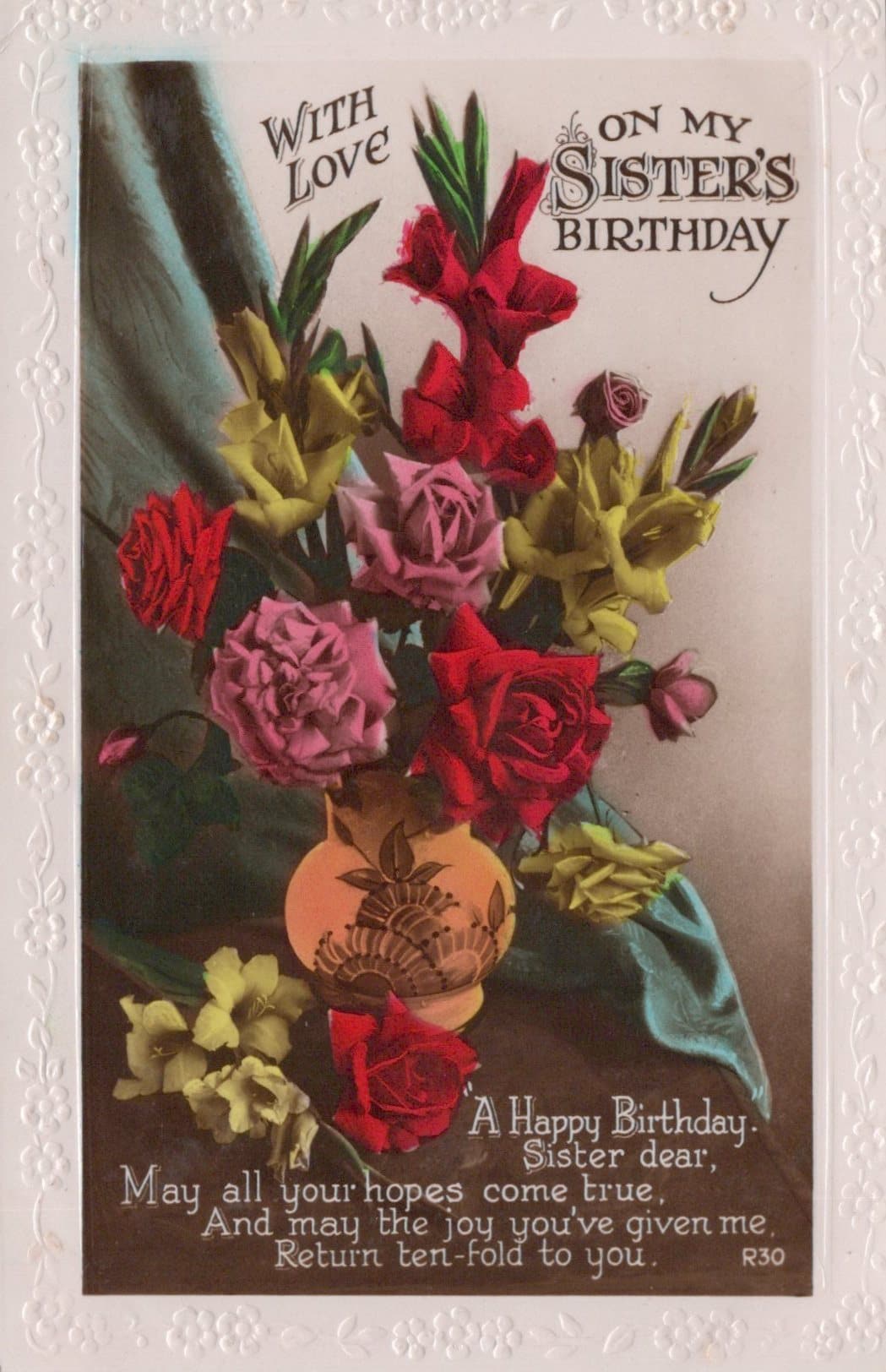 Greetings Postcard - With Love on My Sister's Birthday - Flowers - Roses - Mo’s Postcards 