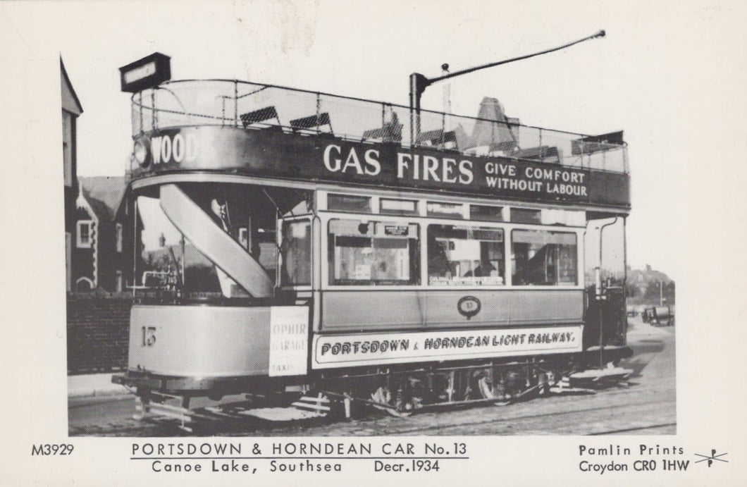 Hampshire Postcard - Portsdown & Horndean Car No 13, Canoe Lake, Southsea 1934 - Mo’s Postcards 
