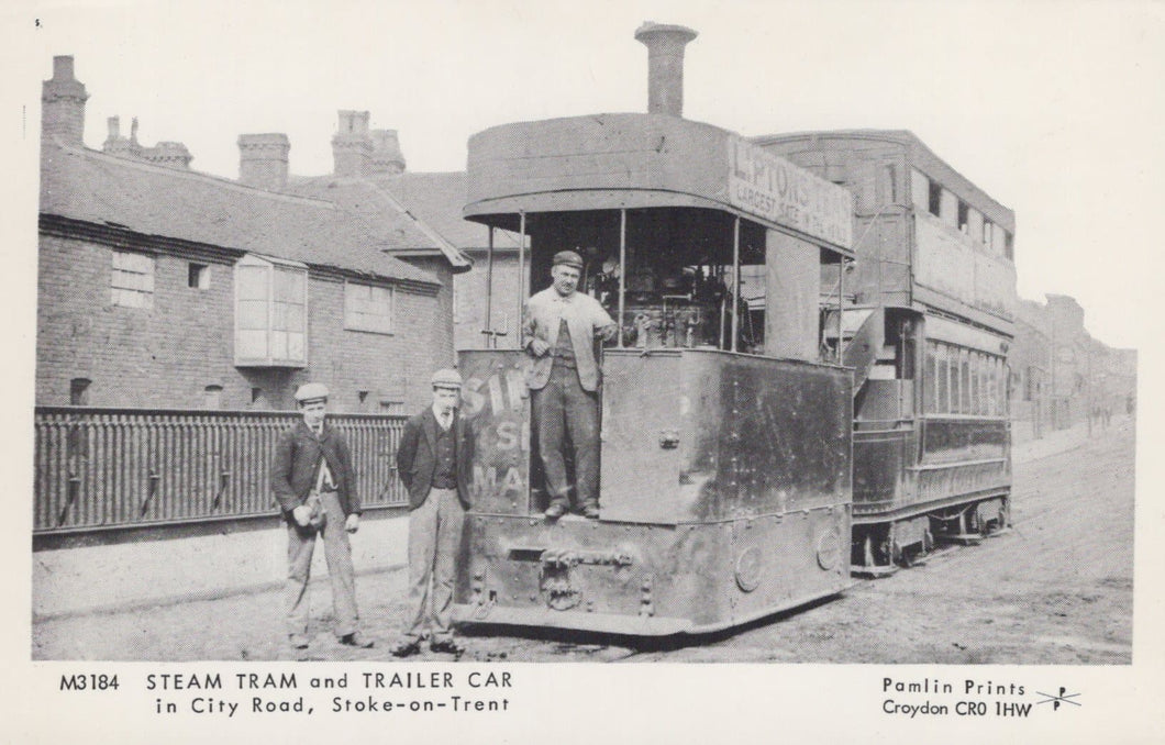 Staffordshire Postcard - Steam Tram and Trailer Car in City Road, Stoke-On-Trent - Mo’s Postcards 