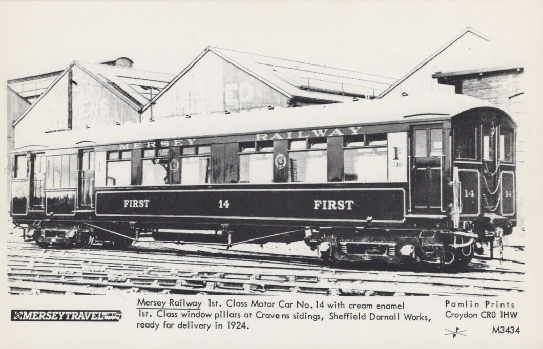 Railways Postcard - Mersey Travel - Mersey Railway, 1st Class Motor Car No 14, Sheffield Darnall Works - Mo’s Postcards 