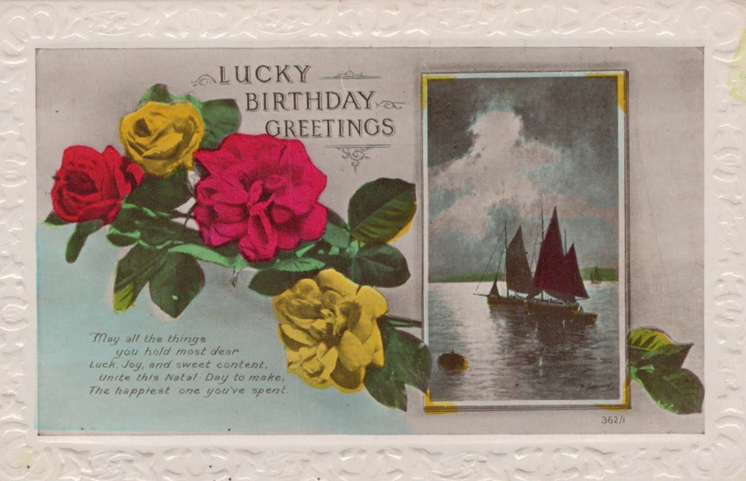 Greetings Postcard - Lucky Birthday Greetings - Roses and Sailing Boats - Mo’s Postcards 