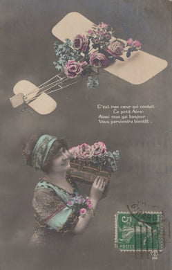 Greetings Postcard - Lady, Flowers and an Aeroplane - Mo’s Postcards 