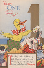 Load image into Gallery viewer, Greetings Postcard - Birthday - Duck and Children&#39;s Toys - Your&#39;e One To-Day - Mo’s Postcards 
