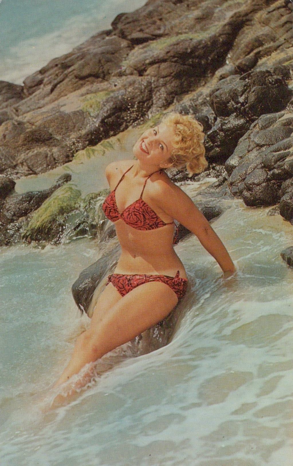Glamour Postcard - Lady in Bikini Enjoying The Rolling Surf - Mo’s Postcards 