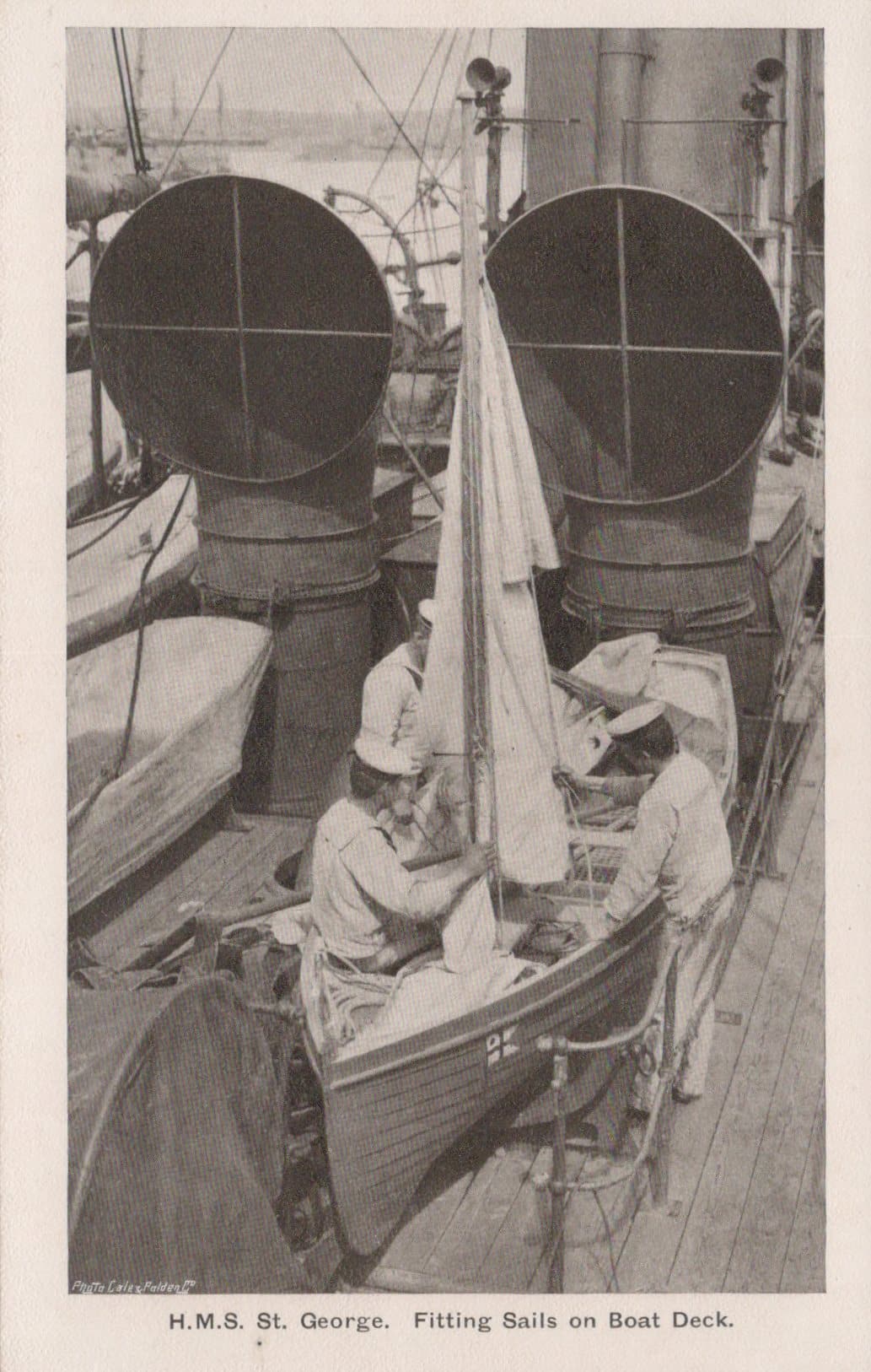 Military Postcard - Royal Navy - H.M.S. St George - Fitting Sails on Boat Deck - Mo’s Postcards 