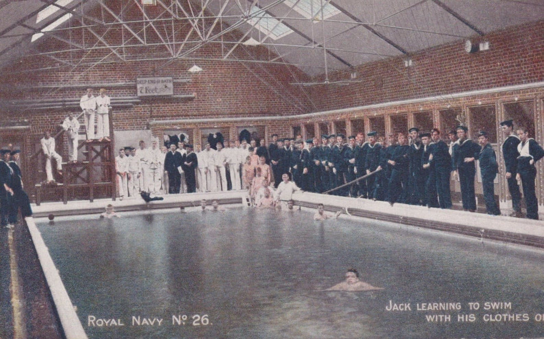 Military Postcard - Royal Navy - Jack Learning To Swim With Clothes On, 1905 - Mo’s Postcards 