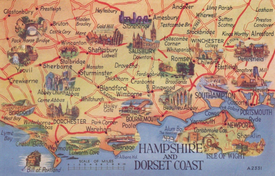 Maps Postcard - Map Showing Hampshire and The Dorset Coast - Mo’s Postcards 