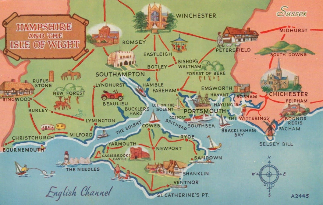 Maps Postcard - Map Showing Hampshire and The Isle of Wight - Mo’s Postcards 