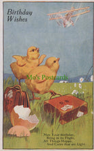 Load image into Gallery viewer, Greetings Postcard - Birthday Wishes - Chicks, Aeroplane and Luggage, 1921 - Mo’s Postcards 
