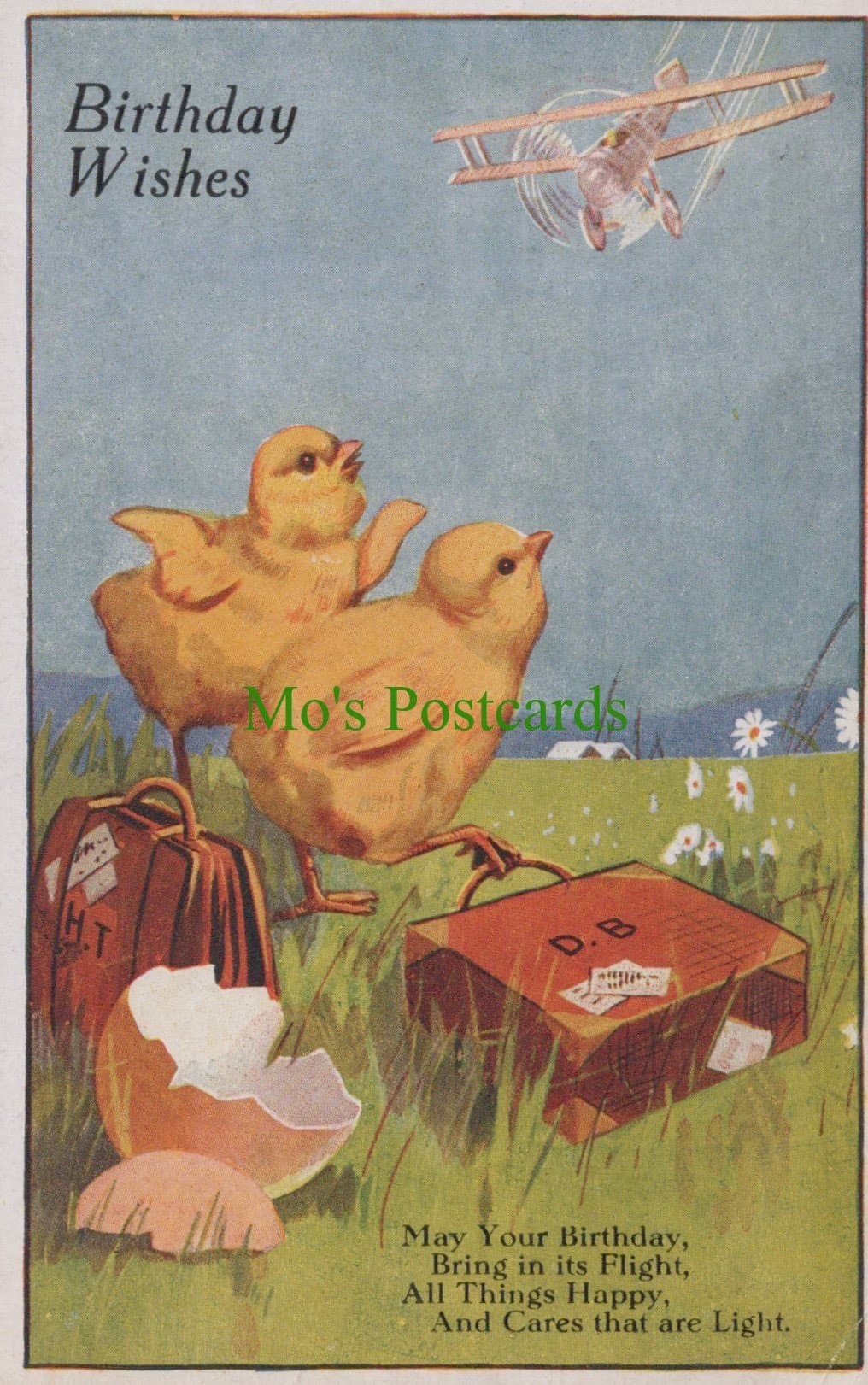 Greetings Postcard - Birthday Wishes - Chicks, Aeroplane and Luggage, 1921 - Mo’s Postcards 