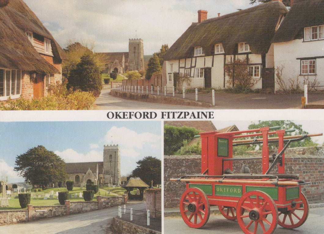 Dorset Postcard - Okeford Fitzpaine Village Centre and Church, 1895 Village Fire Engine and Church of St Andrew - Mo’s Postcards 
