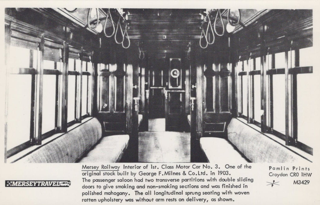 Railways Postcard - Mersey Travel - Mersey Railway, Interior of 1st Class Motor Car No 3 - Mo’s Postcards 