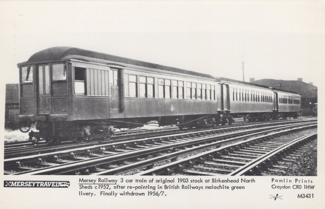 Railways Postcard - Mersey Travel - Mersey Railway 3 Car Train at Birkenhead North Sheds c1952 - Mo’s Postcards 